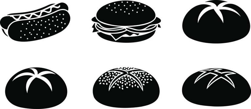Fast food collection featuring hotdog burger and bread bun vector silhouette illustration art.