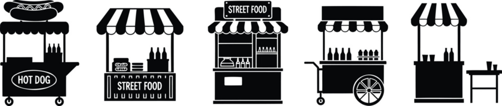 Street food cart and market stall vector silhouette illustration set showing line art style.