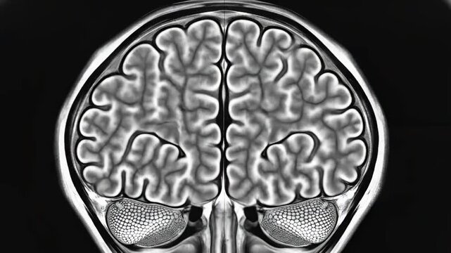 Detailed Medical Brain Scan showing a coronal cross-section of human brain anatomy in high contrast for healthcare education and neurological research presentations.