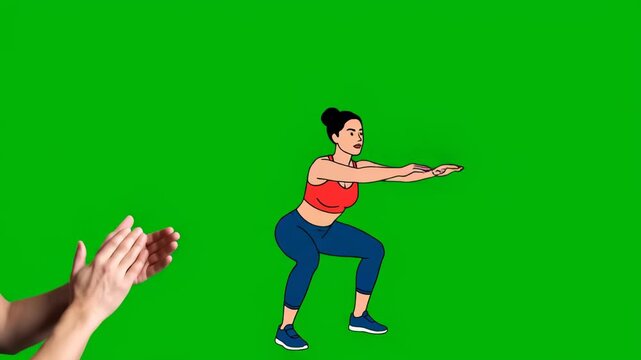 Dynamic Fitness Animation featuring a woman doing squats with clapping hands on a green screen ideal for workout tutorials and health apps.
