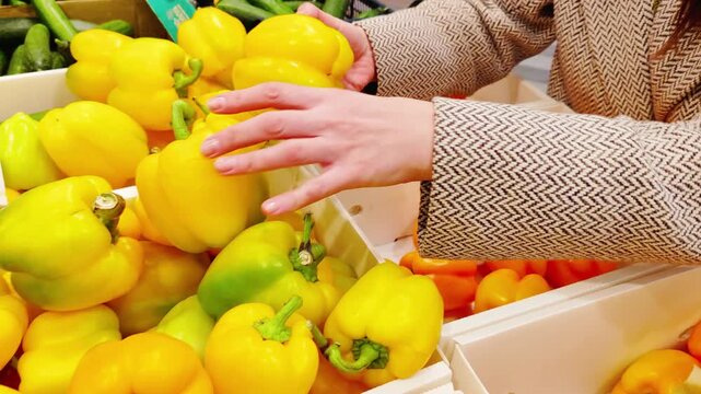 Woman Selecting Yellow Bell Peppers At Supermarket Produce Department. Family meal planning and healthy food selection during weekly grocery shopping routine.