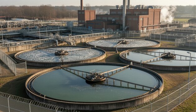 Wastewater treatment plant with large circular sedimentation tanks. Industrial facility for water purification and sewage management. Environmental protection and urban utility infrastructure.