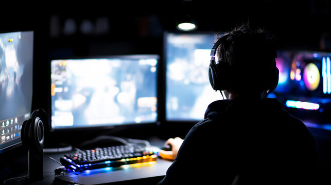 Person playing video game on multiple monitors with headphones in a dark room, colorful neon lighting illuminating the desk