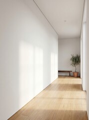 Fototapeta premium Bright empty hallway with wood flooring and potted plant