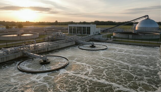 Industrial wastewater treatment plant at sunset. Modern facility with round aeration tanks for purification of sewage and urban water. Infrastructure system for environmental protection.