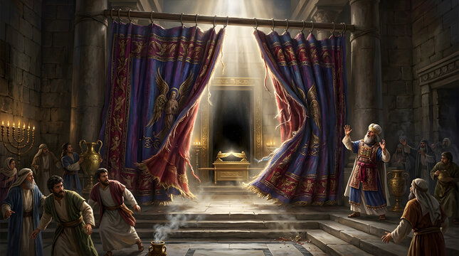 High priest parting the veil in the ancient temple, revealing the ark of the covenant with divine light