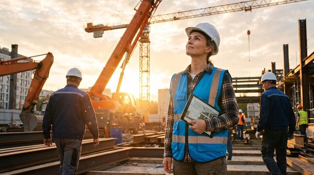 Confident female architect in a white hard hat and bright blue safety vest stands on a construction site, holding a tablet and looking up.