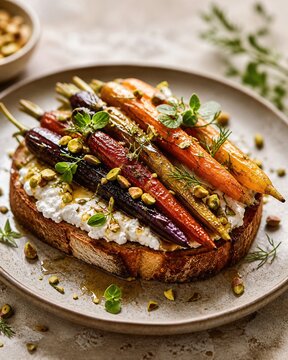 Toast &agrave; la ricotta avec carottes r&ocirc;ties color&eacute;es herbes et pistaches
