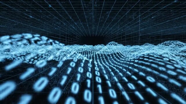Digital landscape of binary code forming waves under a blue perspective grid in cyberspace