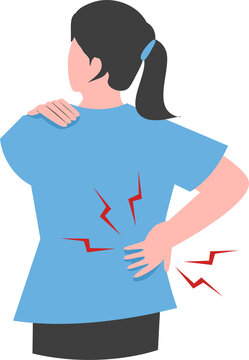 Woman experiencing back pain, illustration of kidney stones and backache