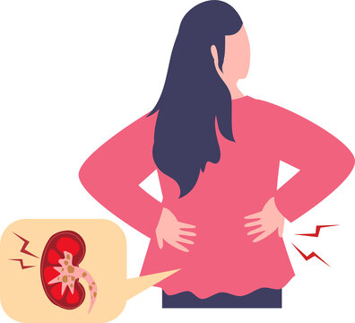 Woman experiencing back pain, illustration of kidney stones and backache