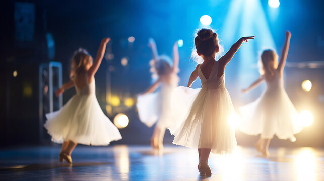 Young girls dancing ballet on stage, performing graceful choreography under bright theatrical spotlight