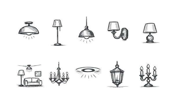 Collection of hand-drawn lighting fixtures for interior and exterior decoration