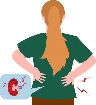 Woman experiencing back pain, illustration of kidney stones and backache