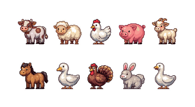 Collection of cute pixel art farm animals in a simple cartoon style