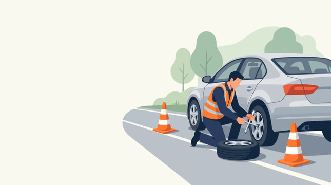 Man changing flat tire on the side of the road.