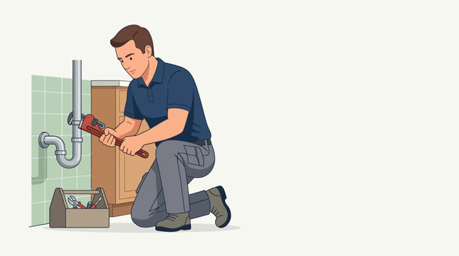 Man fixing plumbing with tools and toolbox.