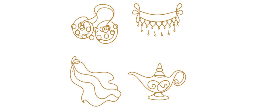 Belly Dance and Performing Arts Editable Stroke Vector Icon Set: Finger Cymbals, Coin Belt, Silk Veil, and Ornate Lamp. Minimalist Gold Line Art Collection for Middle Eastern Cultural Performance.