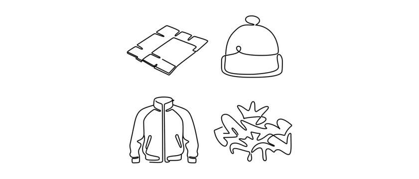 Breakdancing and Hip-Hop Culture Vector Icon Set with 4 Continuous Line Icons: Cardboard Sheet, Headspin Beanie, Track Jacket, and Graffiti Tag. Editable Stroke for Customizable Line Weight.