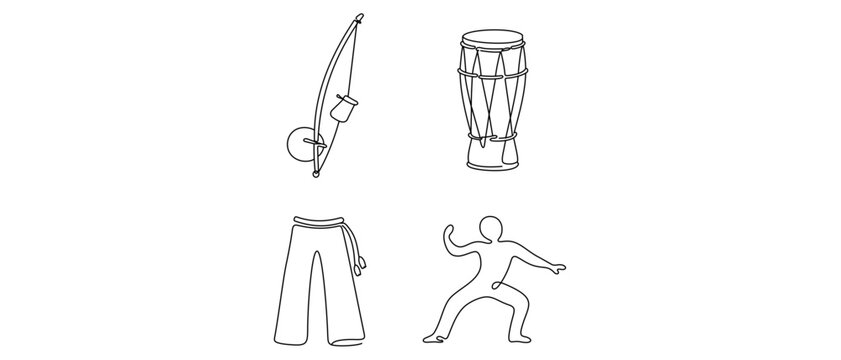 Capoeira Vector Icon Set of 4 Icons featuring Berimbau, Atabaque Drum, Abada Trousers, and Ginga Pose. Minimalist Single Line Art Collection with Editable Stroke for Brazilian Martial Arts.