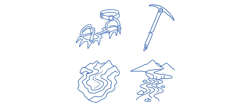 Glaciology and Mountaineering Editable Stroke Vector Icon Set: Collection of 4 Icons featuring Crampons, Ice Axe, Glacier Topography Map, and Meltwater Stream for Science and Alpine Research.