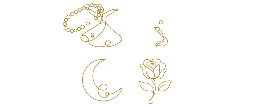 Sufi Mysticism and Islamic Spirituality Editable Stroke Vector Icon Set featuring Whirling Dervish, Prayer Beads, Crescent Moon, and Rose Flower in Minimalist Gold One Line Art Style Bundle.