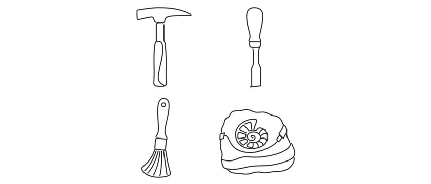 Paleontology and Archaeology Tools Editable Stroke Vector Icon Set featuring 4 Minimalist Line Icons: Geological Hammer, Chisel, Dusting Brush, and Ammonite Fossil for Science and Research.