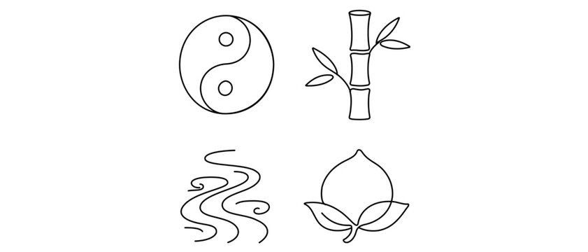 Taoism and Chinese Mythology Editable Stroke Vector Icon Set Featuring Yin Yang Symbol, Bamboo Stalk, Flowing Water Waves, and Immortality Peach for Spiritual and Cultural Design Projects.