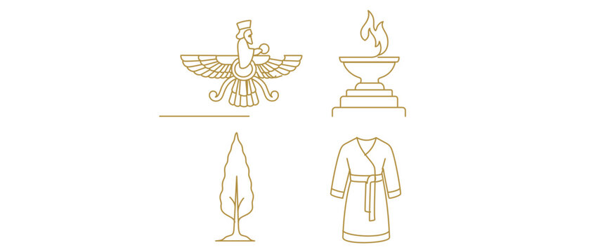 Zoroastrianism Religion Vector Icon Set featuring Faravahar, Fire Altar, Cypress Tree, and White Robe. Editable Stroke Collection for Ancient Persian Mythology, Culture, and Spiritual Symbols.