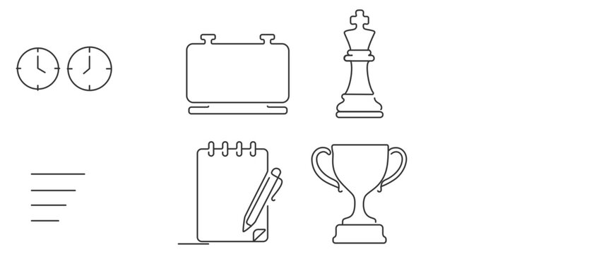Chess Tournament Vector Icon Set with Editable Stroke. Collection of 4 Icons featuring Chess Clock, King Piece, Notation Pad, and Trophy Cup for Competition and Hobby Gaming Design.