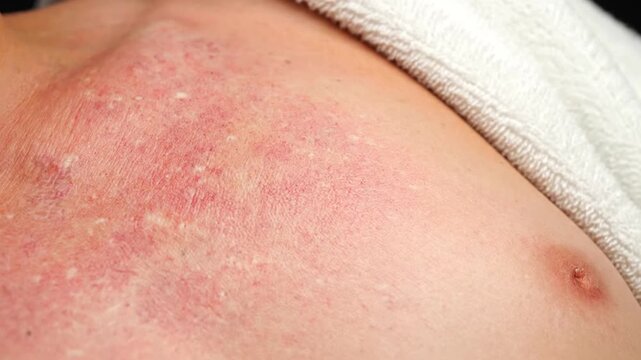 Macro Close-Up of Red Skin Patch Indicating Dermatological Condition or Allergy Reaction on Human Chest