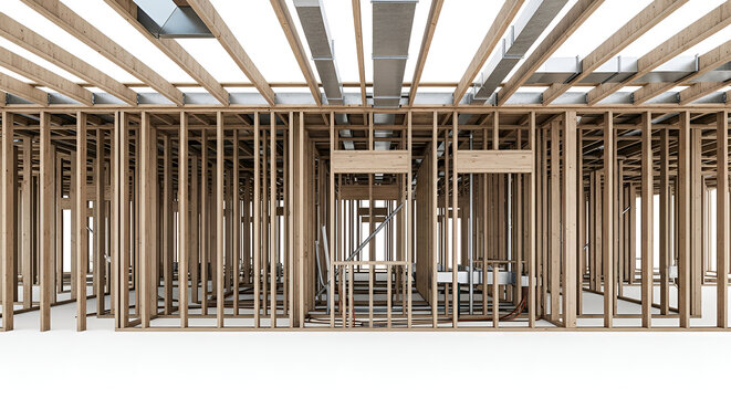 Internal view of wooden frame construction of a new building with exposed ceiling joists and ductwork