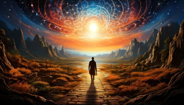 Man Walking Towards a Cosmic Gateway of Light and Stars.