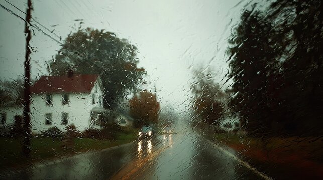 Rain streaks distort view of house and cars on a wet road in fall