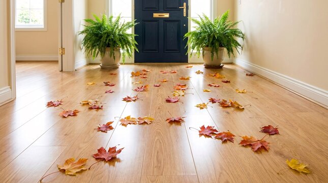 Elegant domestic hallway features light ash wood flooring leading to a dark blue door, with vibrant autumn maple leaves scattered around.