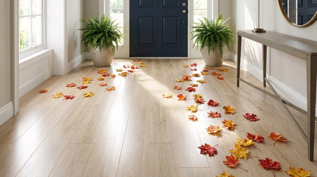Elegant domestic hallway features light ash wood flooring leading to a dark blue door, with vibrant autumn maple leaves scattered around.