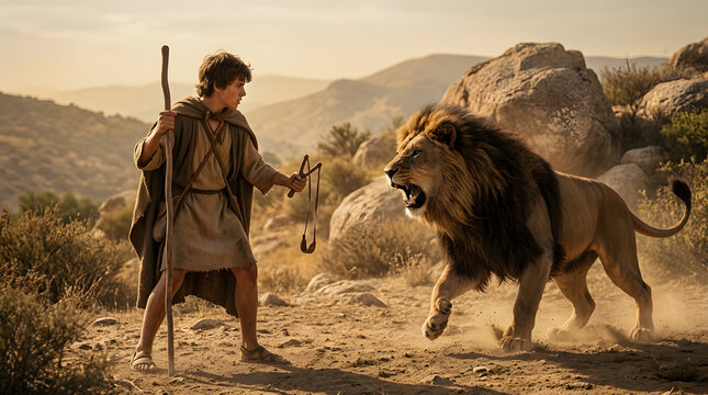 Young shepherd boy facing a ferocious lion in a desert landscape