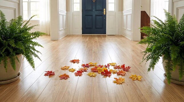 Elegant domestic hallway features light ash wood flooring leading to a dark blue door, with vibrant autumn maple leaves scattered around.