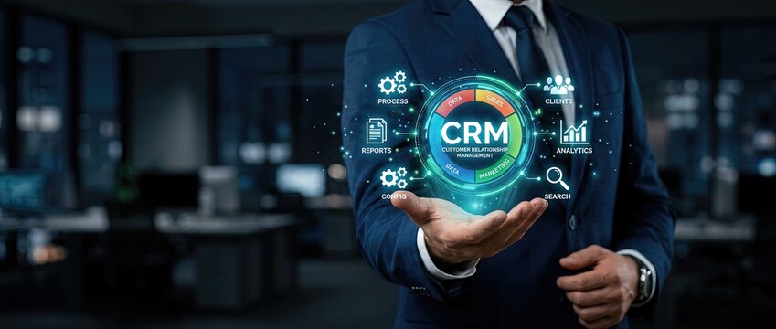 Enhancing business growth crm implementation strategies in corporate offices visual data representation modern work environment professional perspective innovation insights
