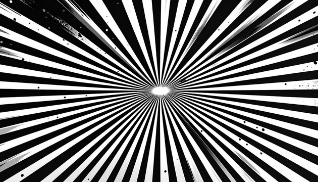 Abstract monochrome sunburst radial pattern with vintage film grain effect.