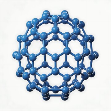 Blue fullerene molecule, carbon atom structure, science and chemistry model