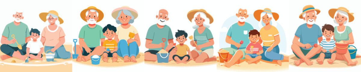 vector of a grandparents and grandchild sitting on the sand holding sand shovels in summer © Andi