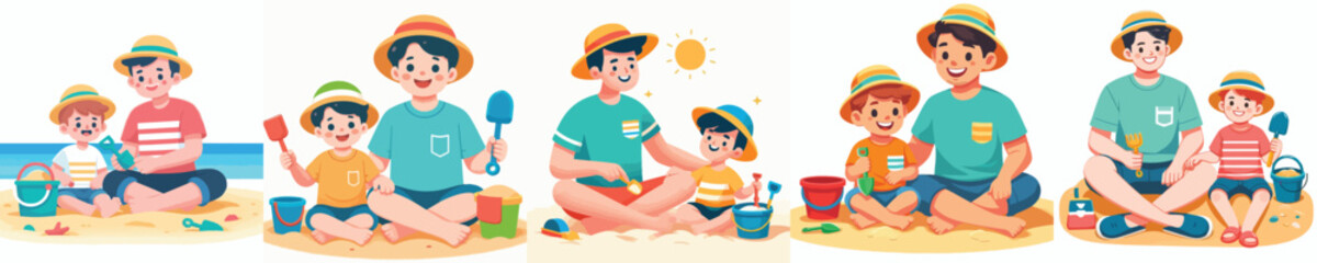 vector of a father and child sitting on the sand holding sand shovels in summer © Andi