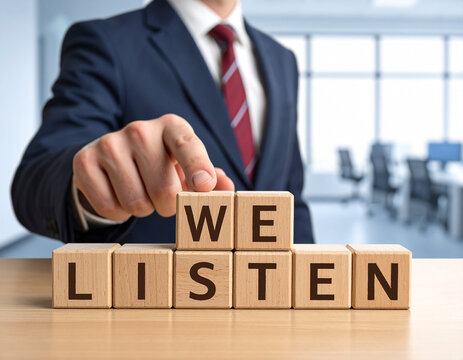 We listen - Geschäftsmann zeigt auf den Text "We listen"