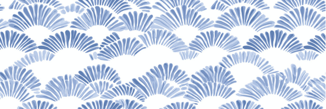 Japanese seamless pattern with blue hemp leaf motif. Repeating pattern showing stylized Japanese asa-no-ha motif in indigo blue