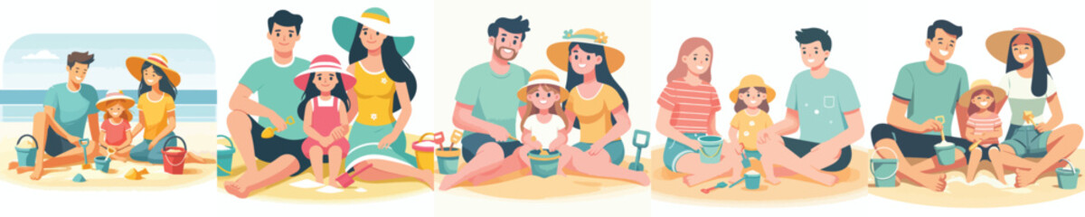 vector of a family sitting on the sand holding sand shovels in summer © My_Vector
