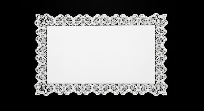 A delicate white lace edge paper rectangle sits centered on a solid black background, creating a sharp contrast with intricate patterns, art, flat, style