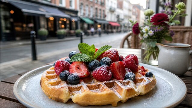 Brunch en terrasse avec gaufre garnie de fruits rouges frais