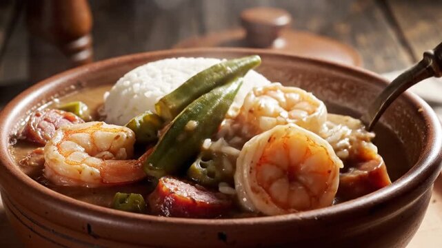 Delicious Gumbo with Shrimp and Rice in a Bowl.