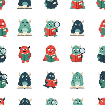 Cute cartoon monsters reading books and holding magnifying glasses.